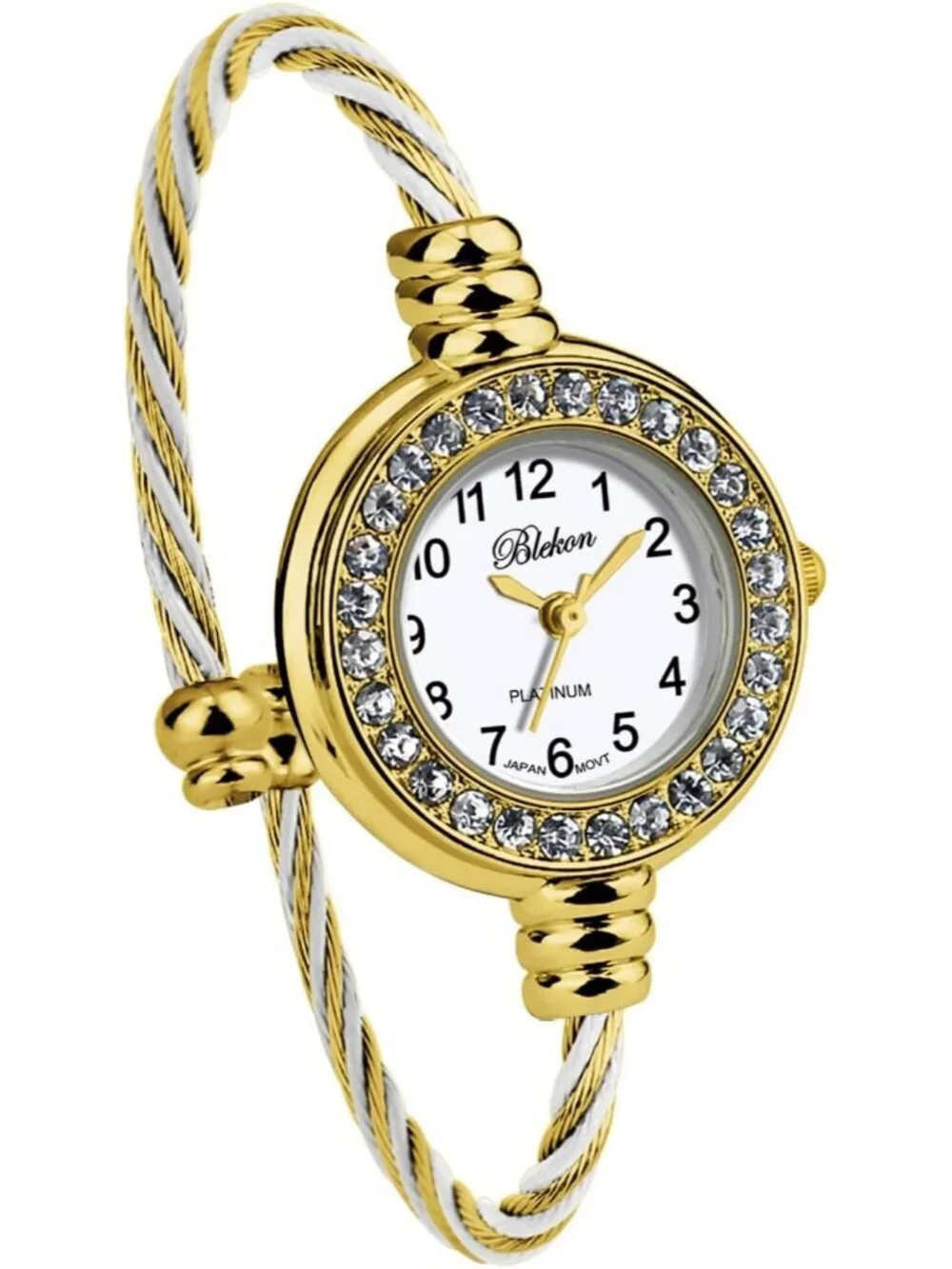 Women's Gold And White Analog Cable Cuff Arabic Number Rhinestone Bracelet Watch